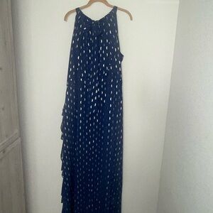 Elegant Blue and Gold Sleeveless Dress